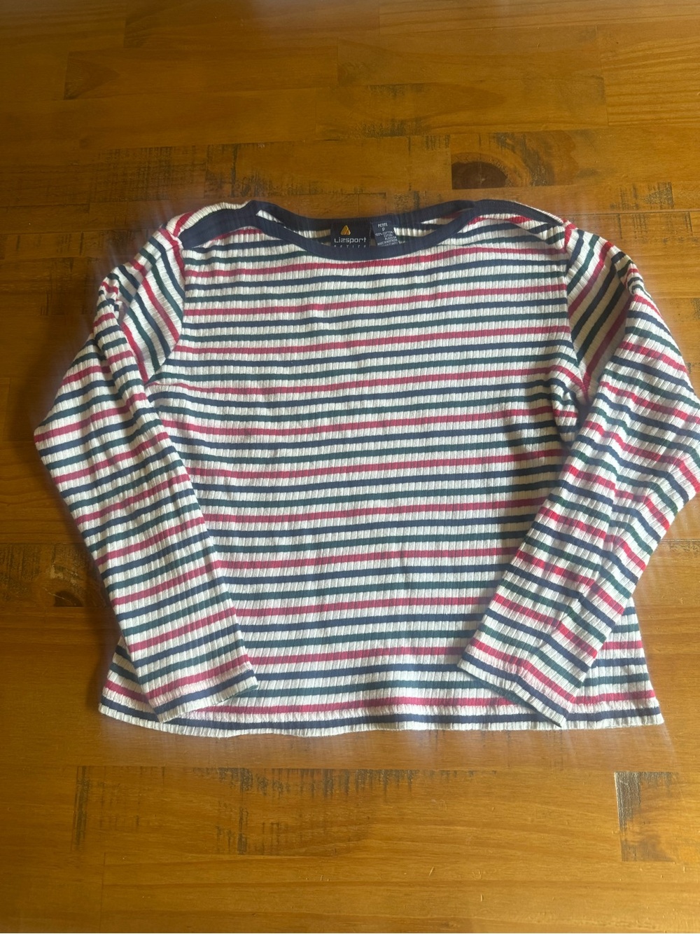 Vintage LizSport Petite Striped Long-Sleeve Tee in Navy, Red, Green & White